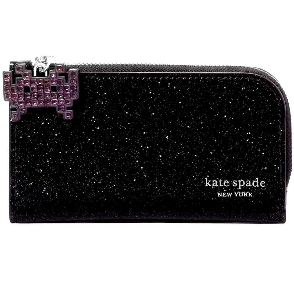 kate spade black glitter zip-around wallet with purple charm